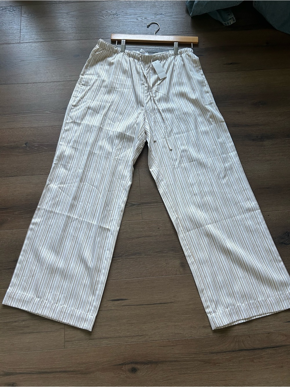 LOFT Beige and White Pinstripe Wide-Leg Pants